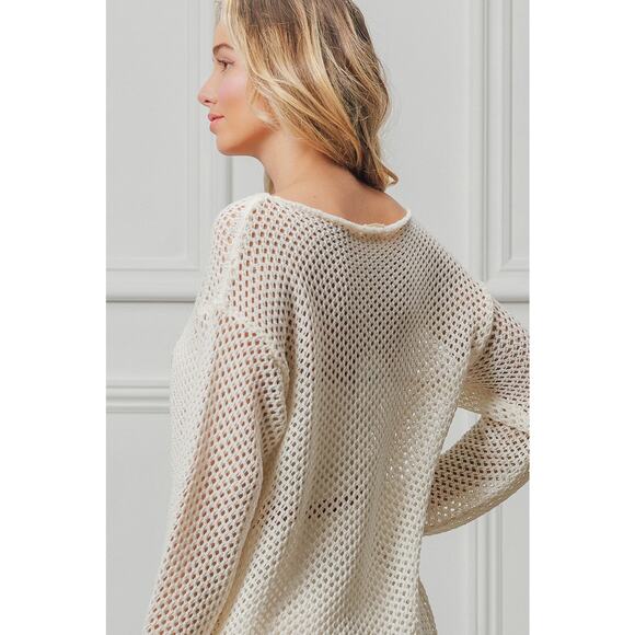 BiBi Sequin Detail American Flag Heart Patch Open Knit Cover Up Top | Off White - Picture 11 of 11